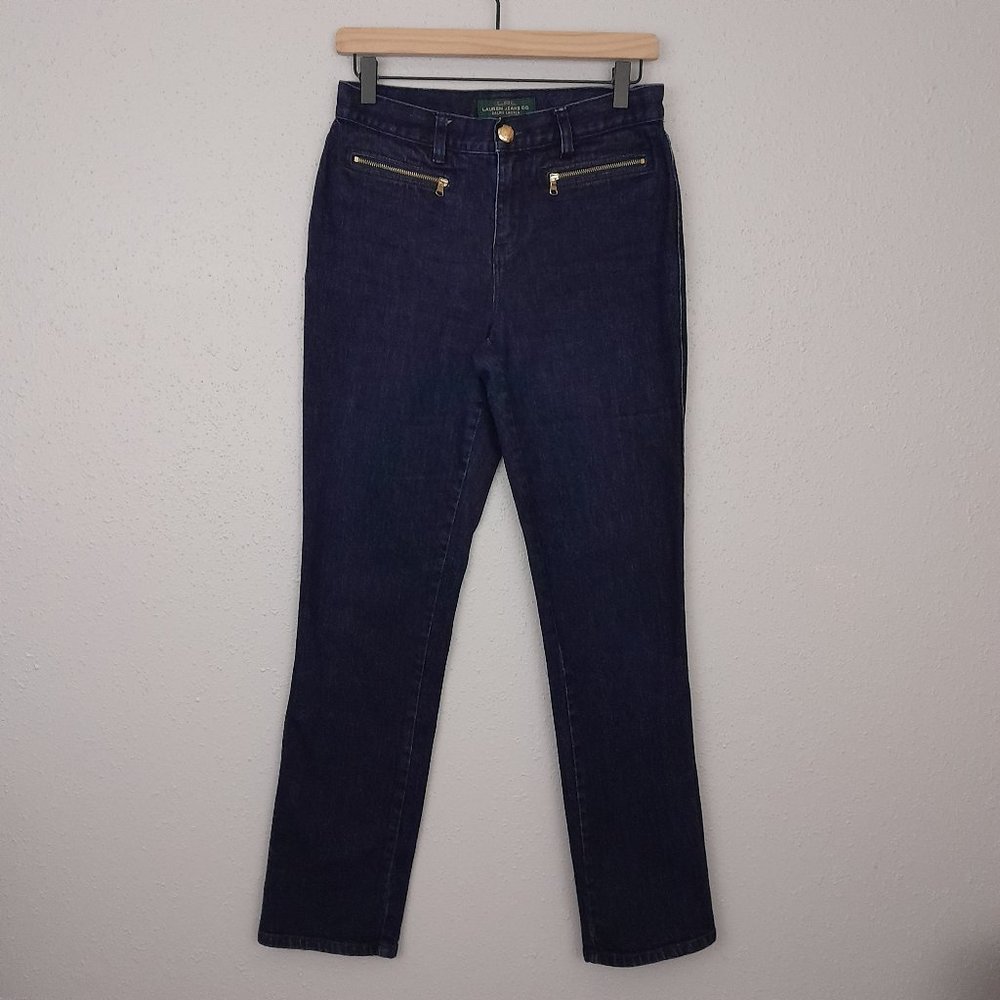 LRL Lauren Jeans Co Y2K Style Zip Pocket Jeans Straight Leg Dark Wash Size 2
